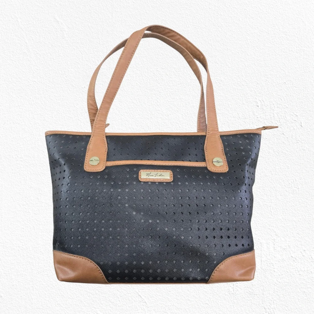 Marc Fisher Black Tan Perforated Tote Bag Zip Shoulder Purse Large Shopper Bag